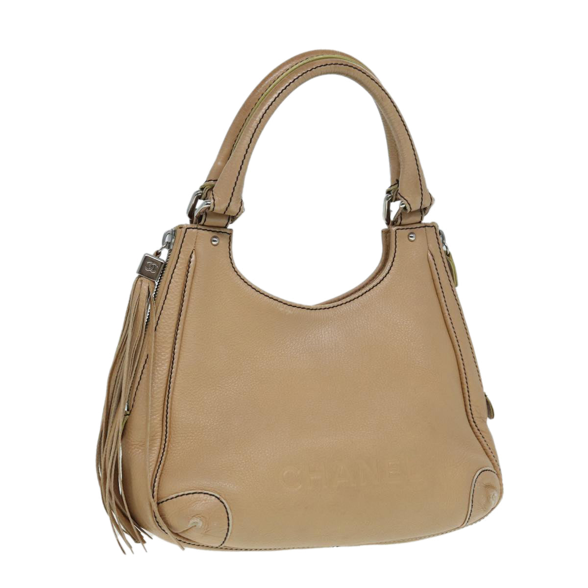 CHANEL Fringe Hand Bag Leather Beige CC 87088