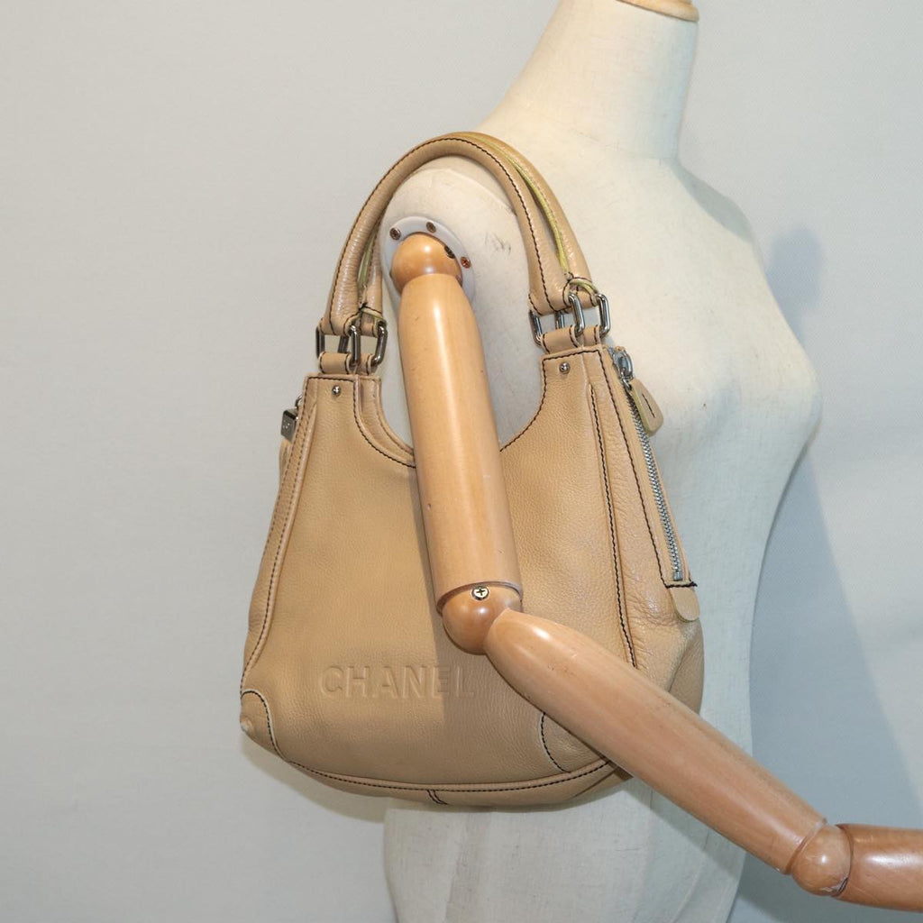 CHANEL Fringe Hand Bag Leather Beige CC 87088