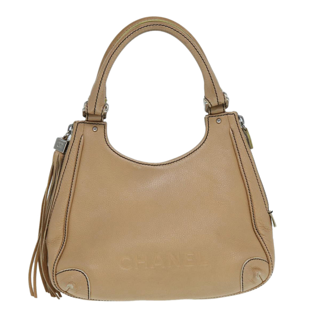 CHANEL Fringe Hand Bag Leather Beige CC 87088