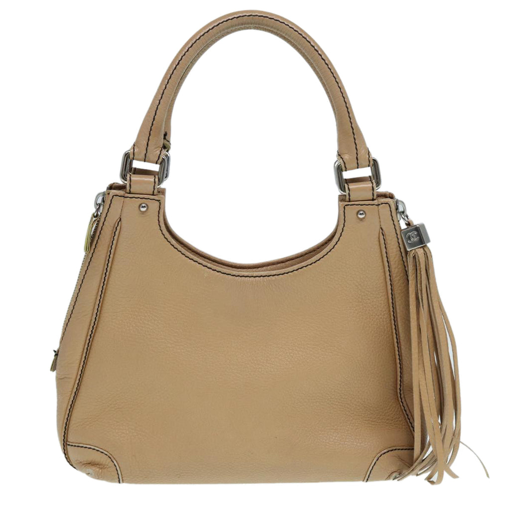 CHANEL Fringe Hand Bag Leather Beige CC 87088
