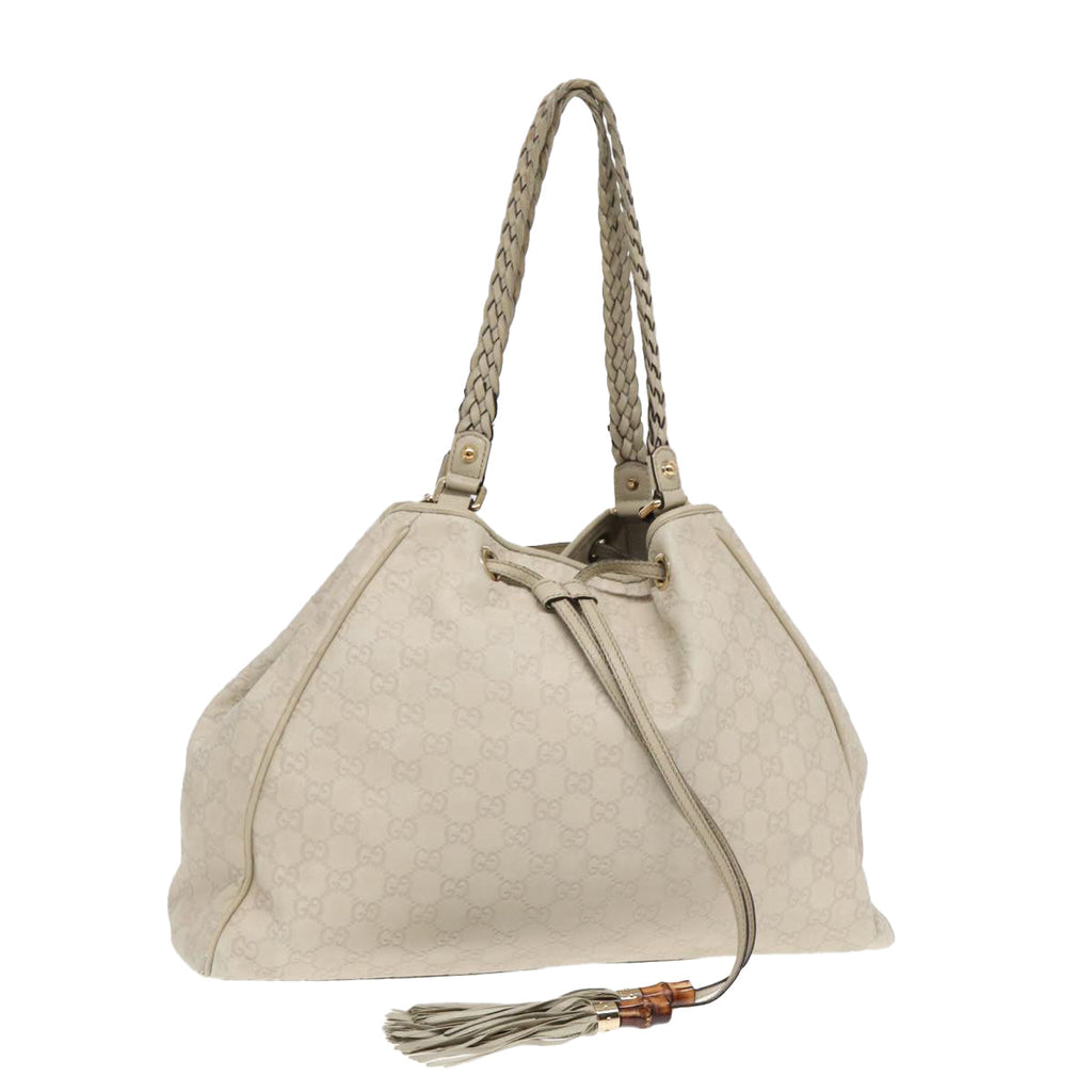 GUCCI GG Canvas Guccissima bamboo Shoulder Bag Leather White Gold 87104