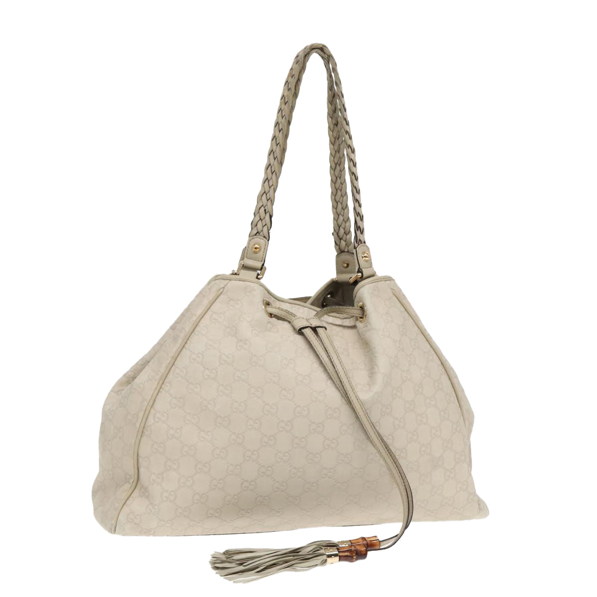 GUCCI GG Canvas Guccissima bamboo Shoulder Bag Leather White Gold 87104