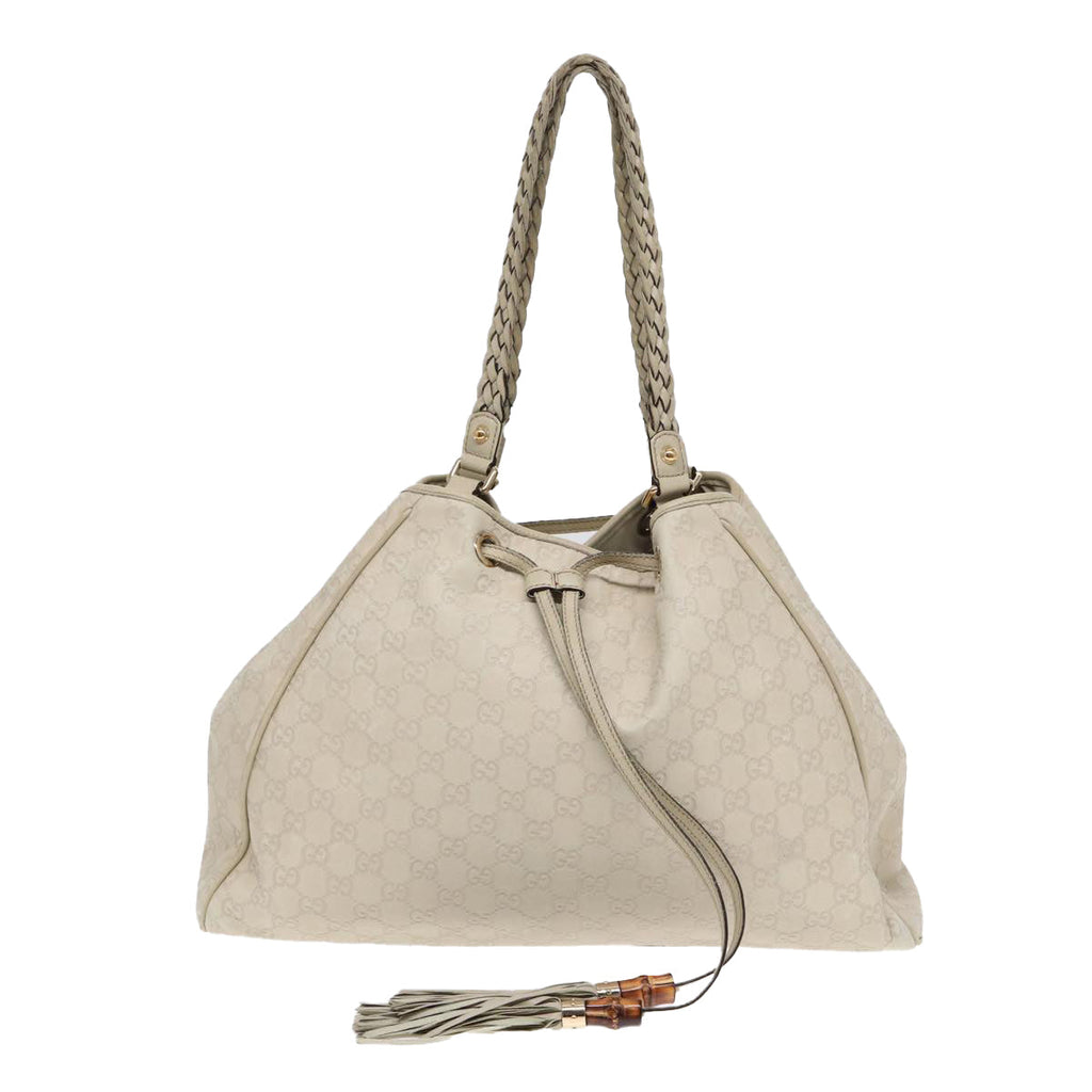 GUCCI GG Canvas Guccissima bamboo Shoulder Bag Leather White Gold 87104