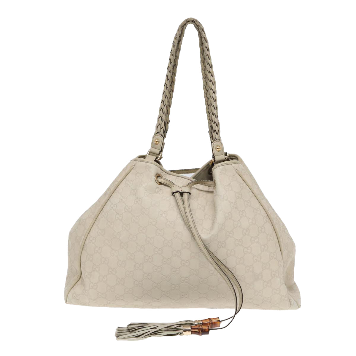 GUCCI GG Canvas Guccissima bamboo Shoulder Bag Leather White Gold 87104