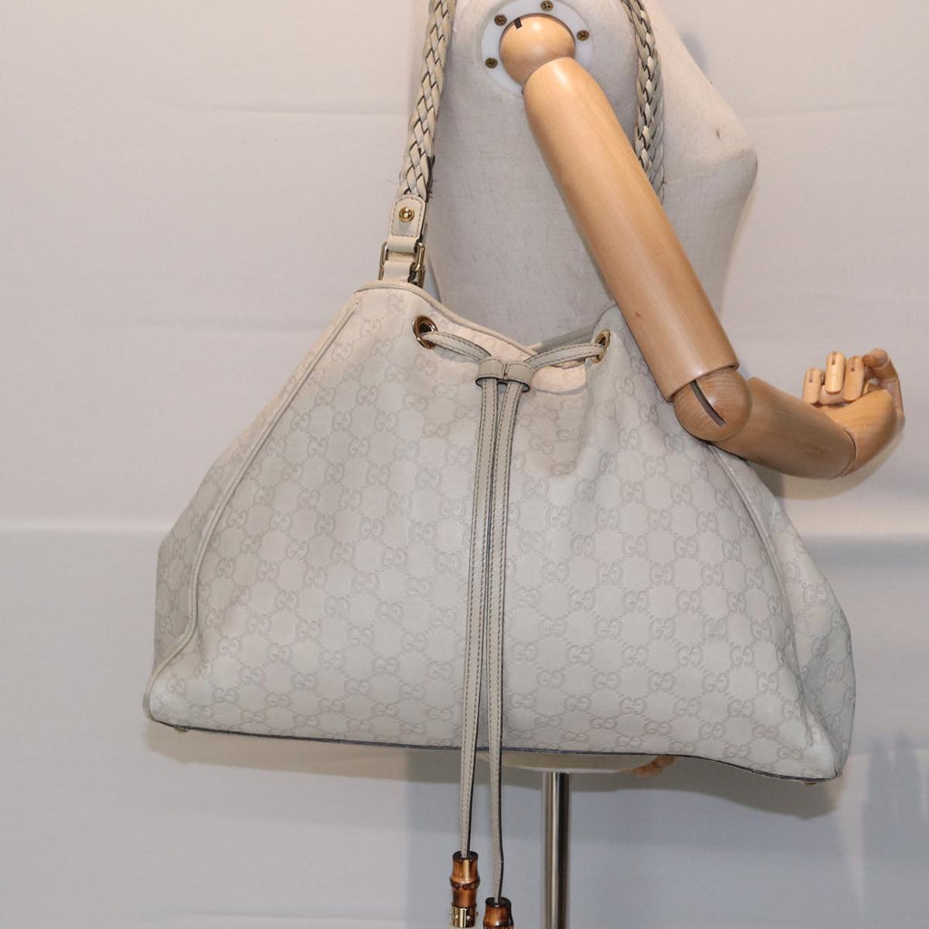 GUCCI GG Canvas Guccissima bamboo Shoulder Bag Leather White Gold 87104