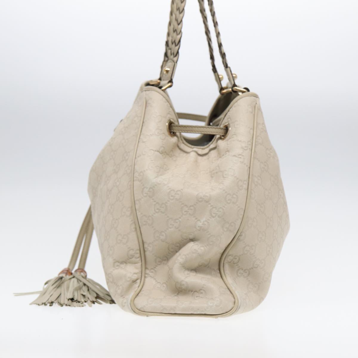 GUCCI GG Canvas Guccissima bamboo Shoulder Bag Leather White Gold 87104