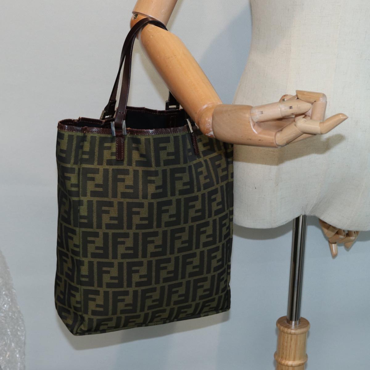 FENDI Zucca Canvas Tote Bag Brown Black Silver 87107