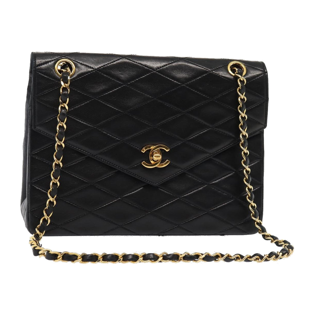 CHANEL Matelasse Turn Lock Chain Hand Bag Lamb Skin Black Gold CC 87124A
