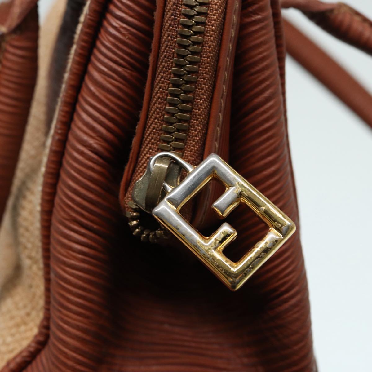 FENDI Hand Bag Straw Beige Gold 87207