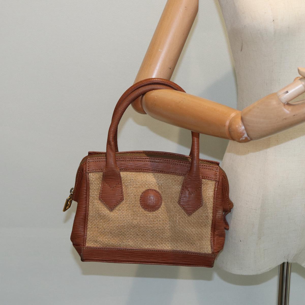 FENDI Hand Bag Straw Beige Gold 87207