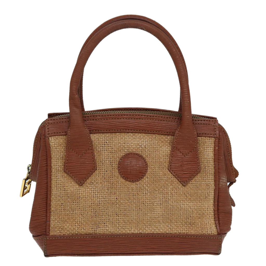 FENDI Hand Bag Straw Beige Gold 87207