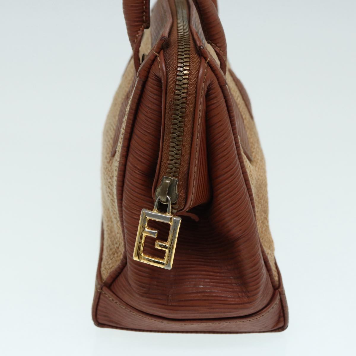 FENDI Hand Bag Straw Beige Gold 87207