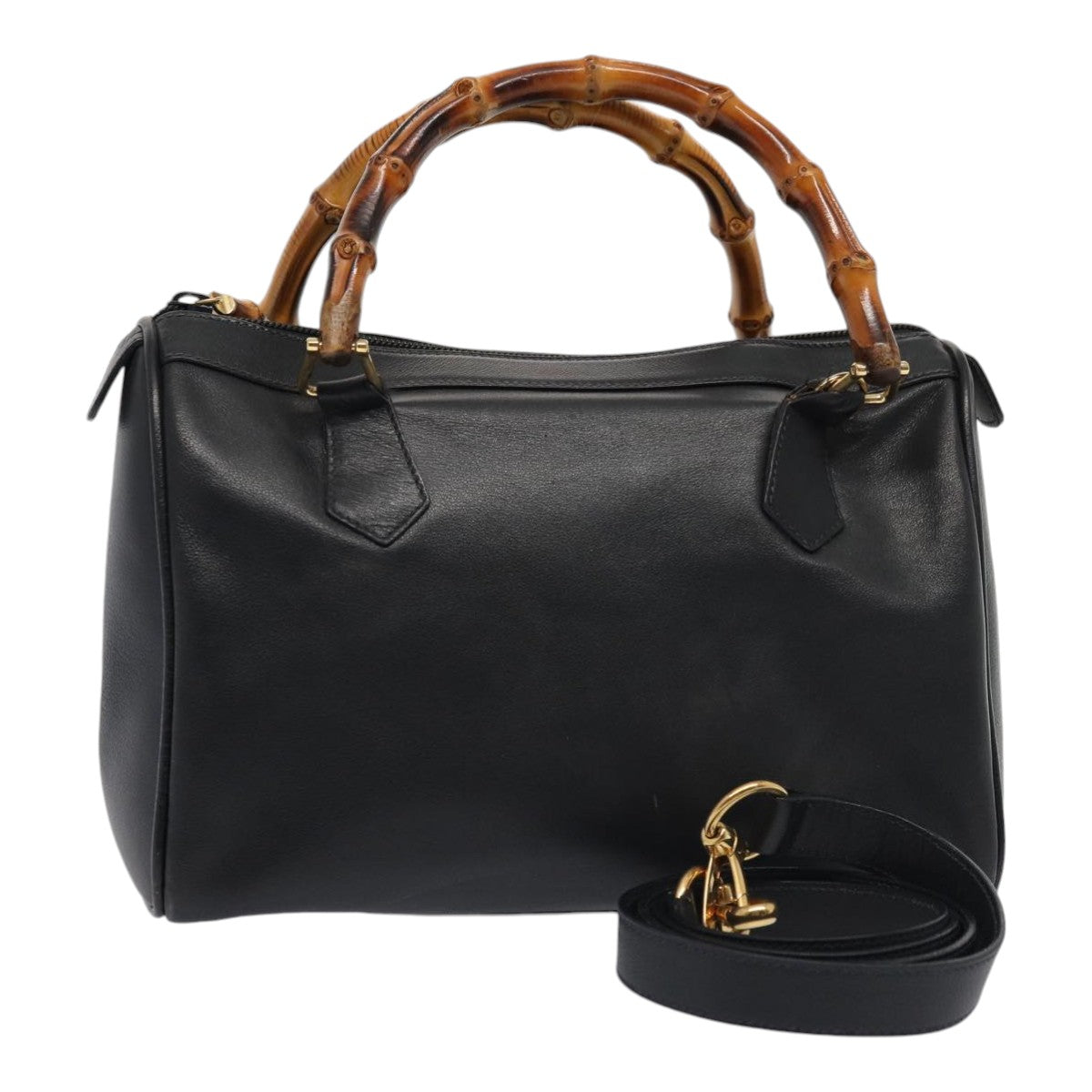 GUCCI Bamboo Hand Bag Leather 2way Black Gold 000 3444 0294 87242