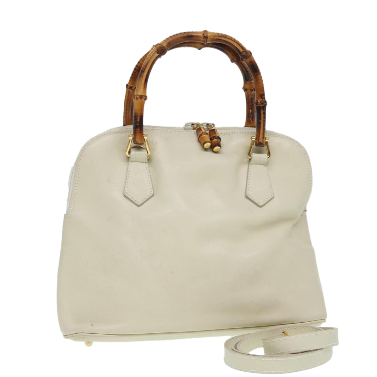 GUCCI Bamboo Hand Bag Leather 2way Cream Gold 000 2296 0290 87257