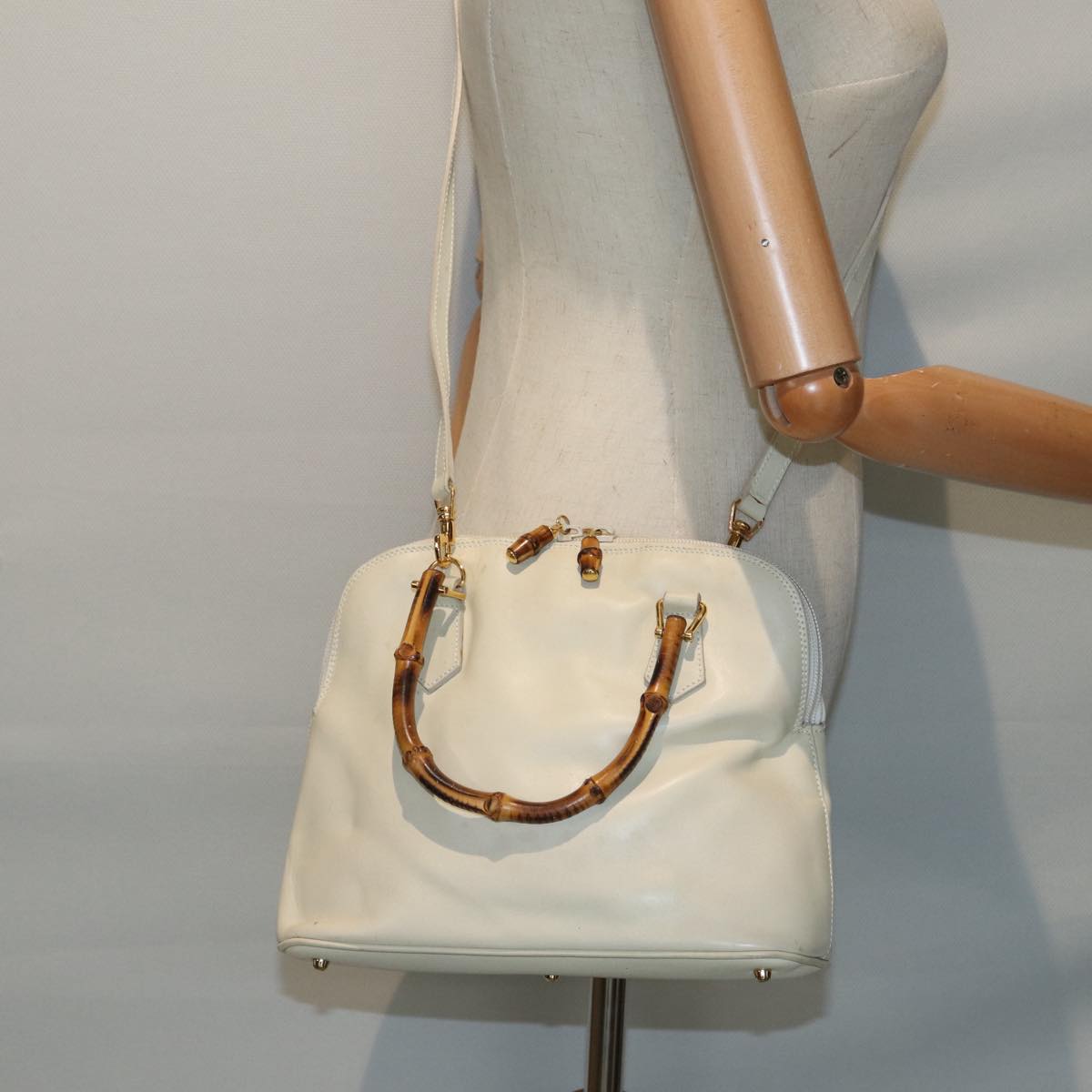 GUCCI Bamboo Hand Bag Leather 2way Cream Gold 000 2296 0290 87257