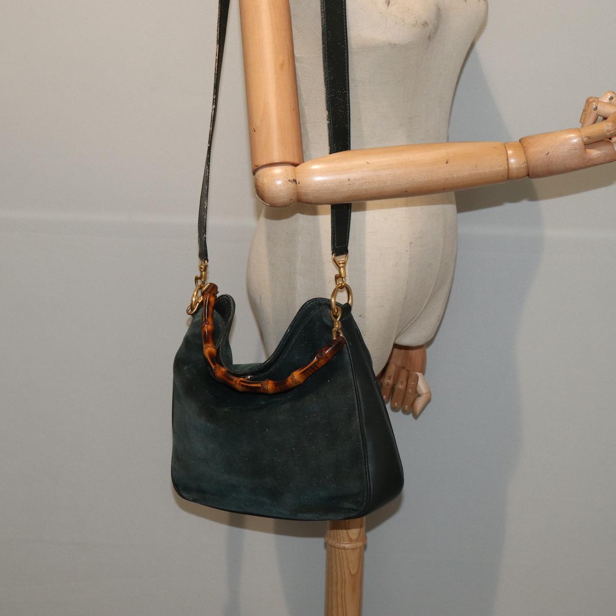 GUCCI Bamboo Hand Bag Suede 2way Green 87329