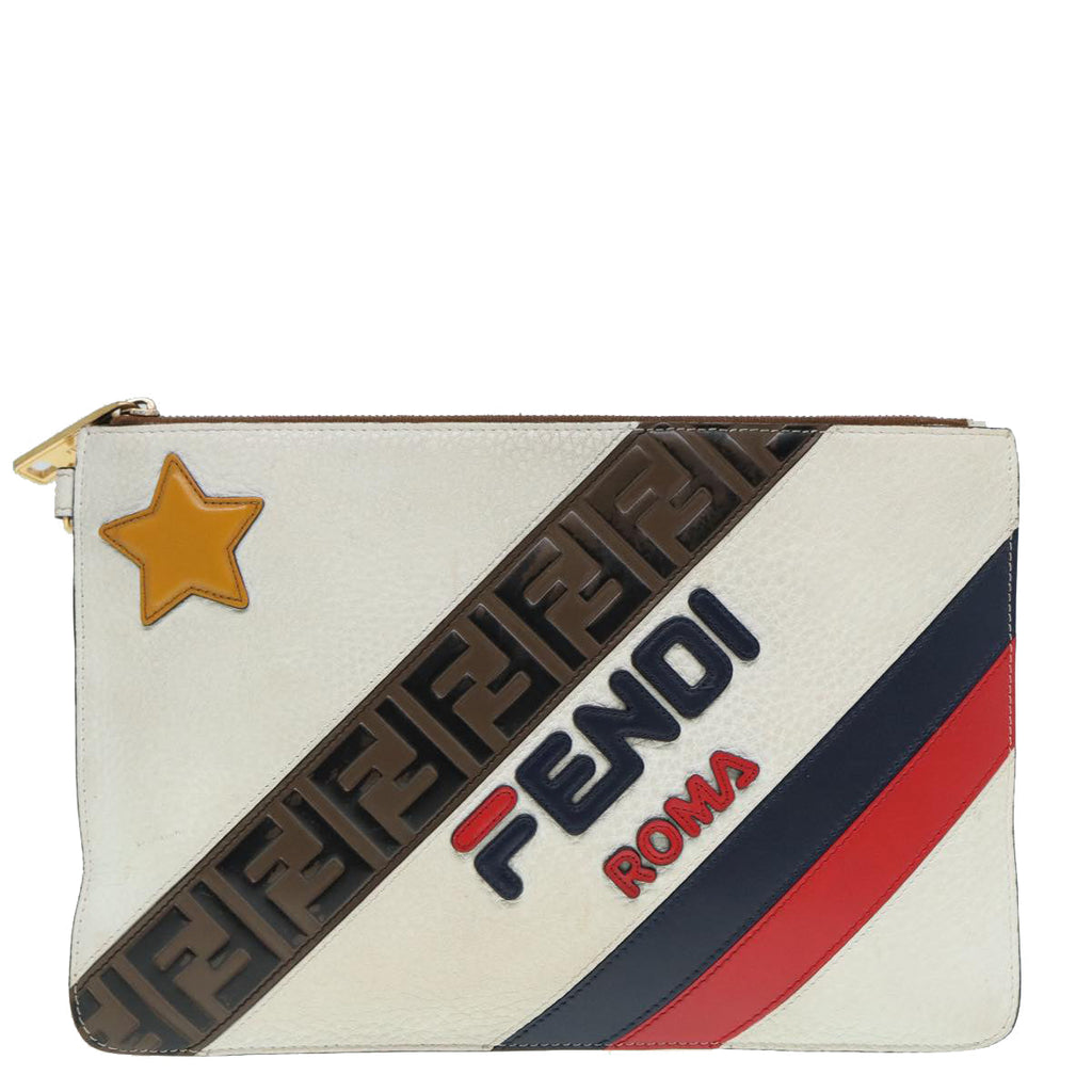 FENDI FILA Collaboration Clutch Bag Leather Beige Gold 87366