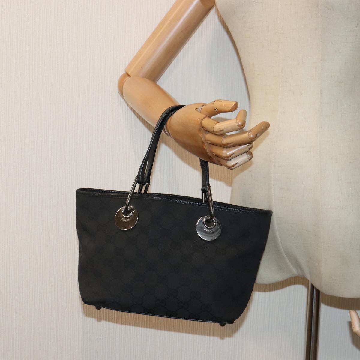GUCCI GG Canvas Hand Bag Black Silver 120844 87404
