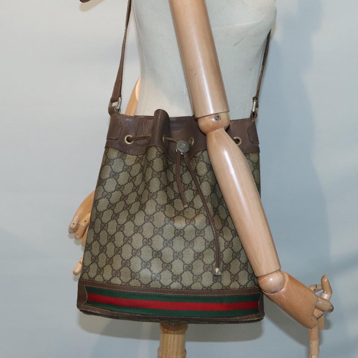 GUCCI GG Supreme Web Sherry Line Shoulder Bag PVC Beige gold 87621