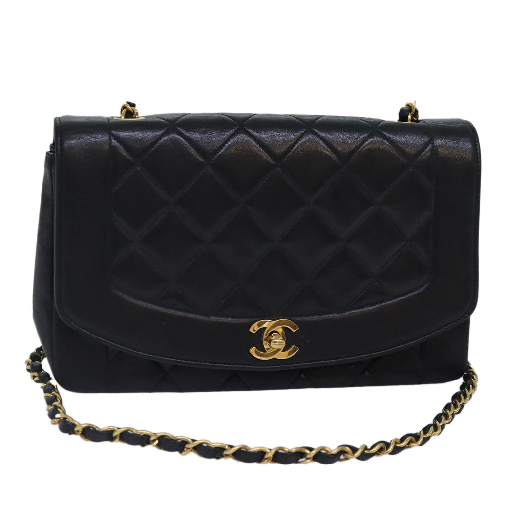 CHANEL Diana Matelasse Chain Shoulder Bag Lamb Skin Black CC 87740A