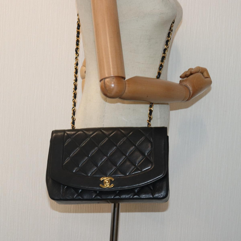 CHANEL Diana Matelasse Chain Shoulder Bag Lamb Skin Black CC 87740A
