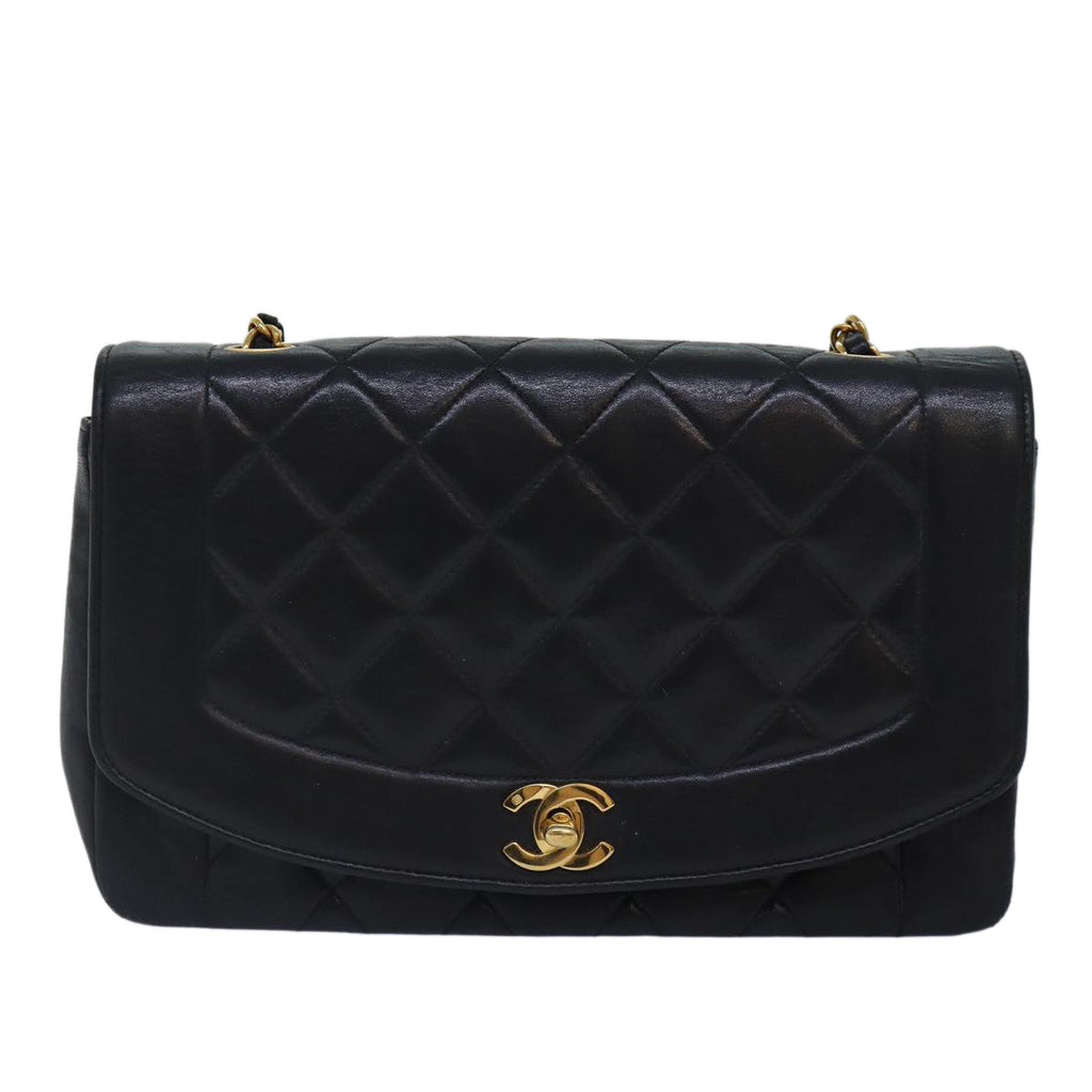 CHANEL Diana Matelasse Chain Shoulder Bag Lamb Skin Black CC 87740A
