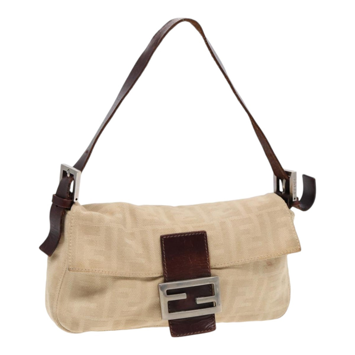 FENDI Zucca Canvas Mamma Baguette Shoulder Bag Beige Brown Silver 87743