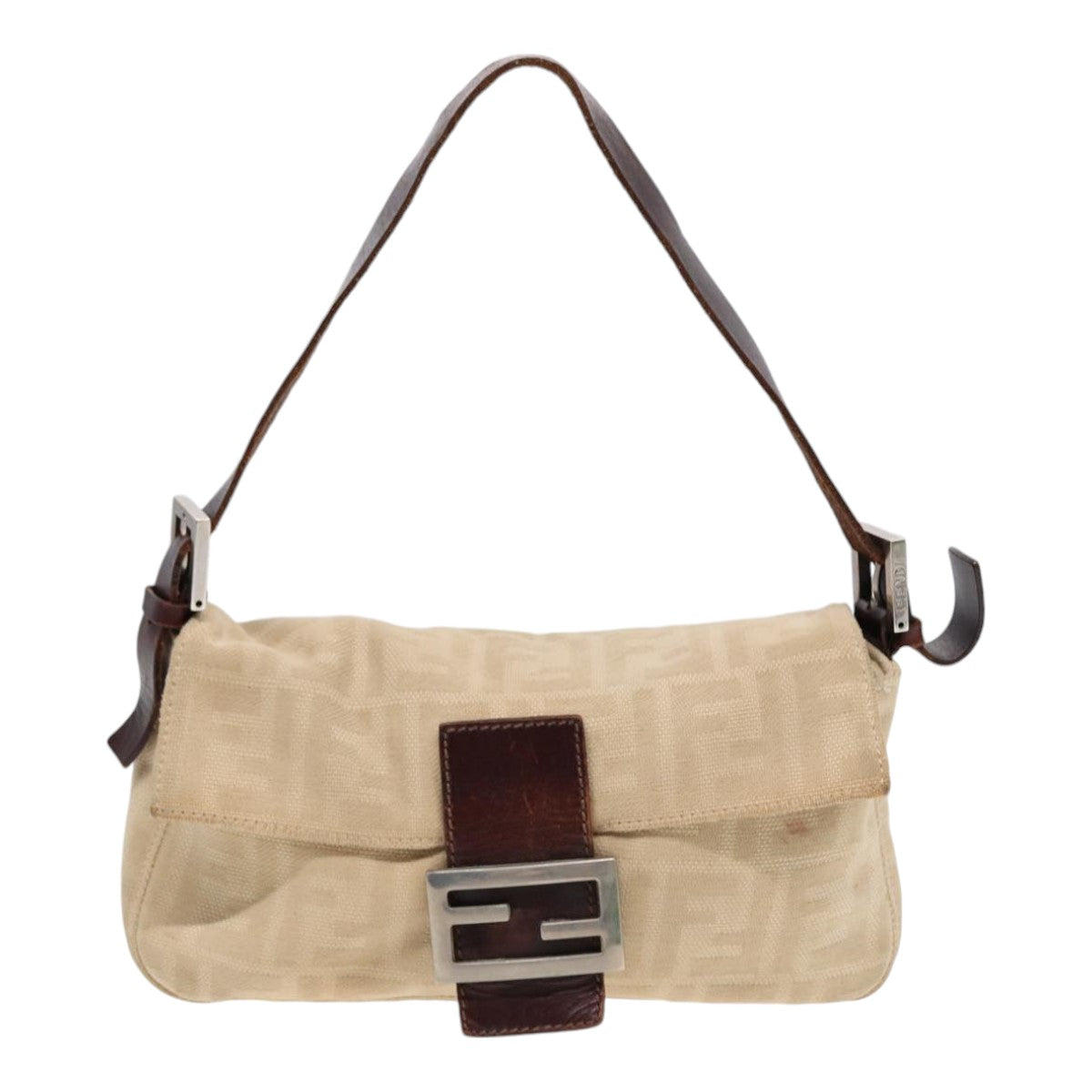 FENDI Zucca Canvas Mamma Baguette Shoulder Bag Beige Brown Silver 87743