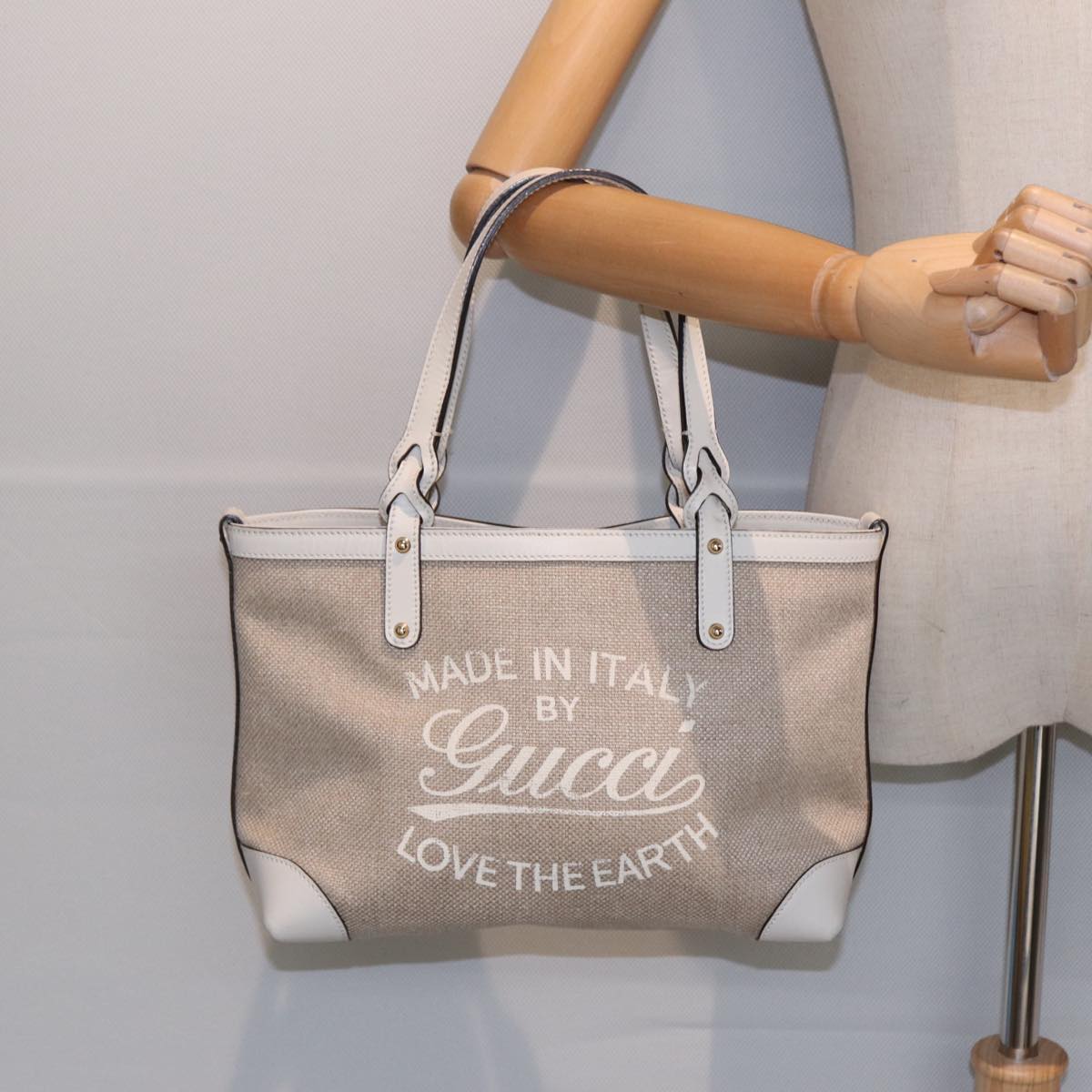 GUCCI Hand Bag Canvas Leather Beige White gold 269878 87749