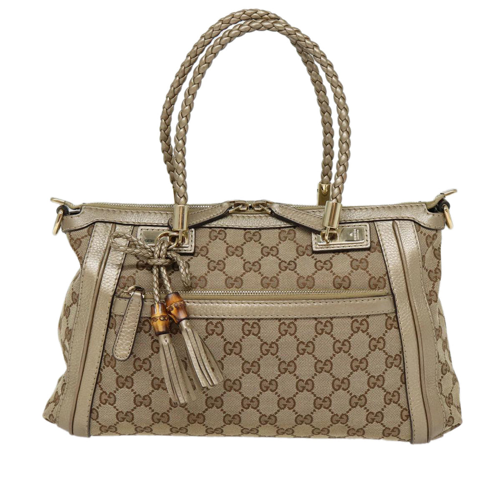 GUCCI GG Canvas Hand Bag Bamboo 2way Beige Gold 282300 87767