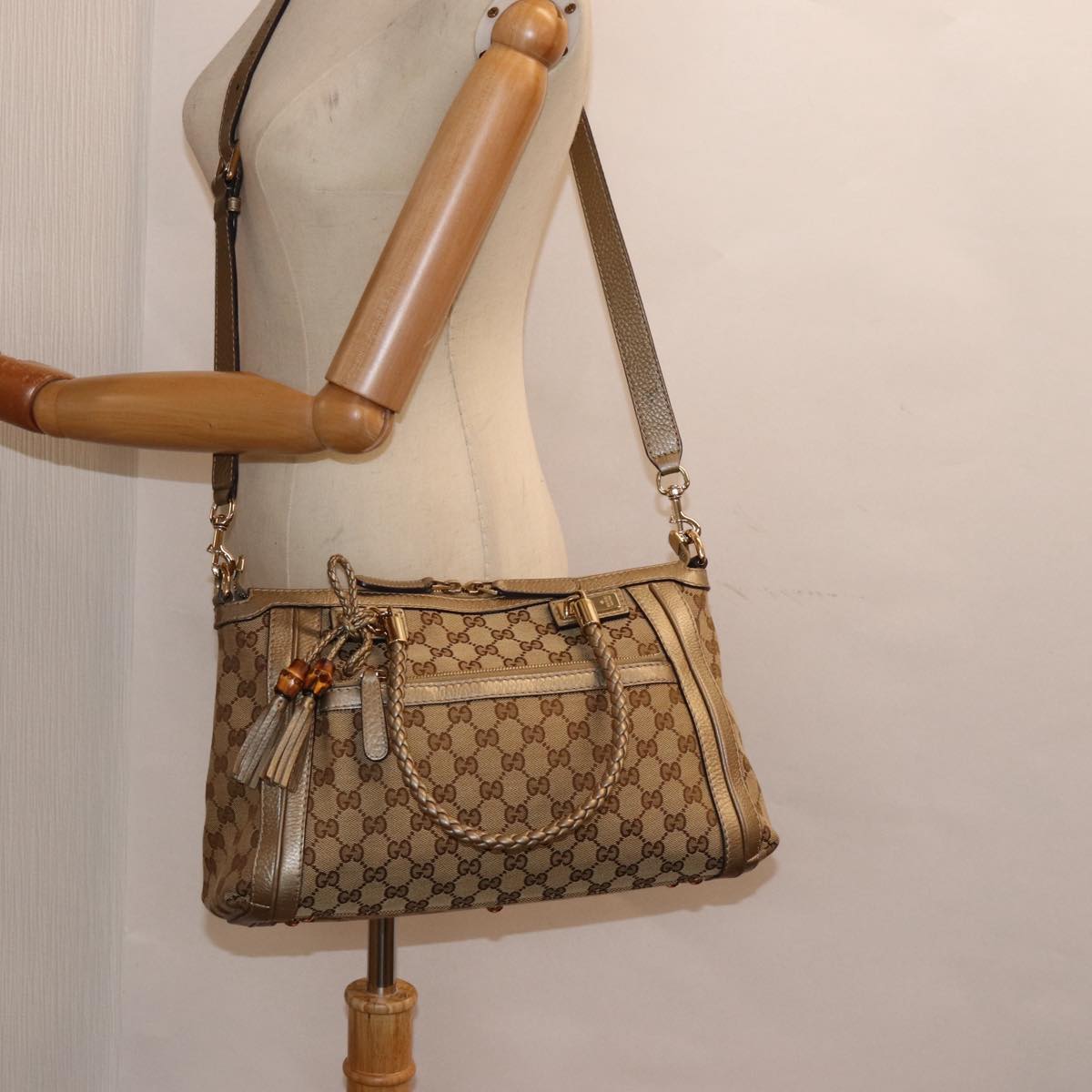 GUCCI GG Canvas Hand Bag Bamboo 2way Beige Gold 282300 87767