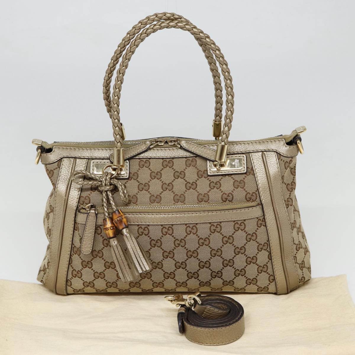 GUCCI GG Canvas Hand Bag Bamboo 2way Beige Gold 282300 87767