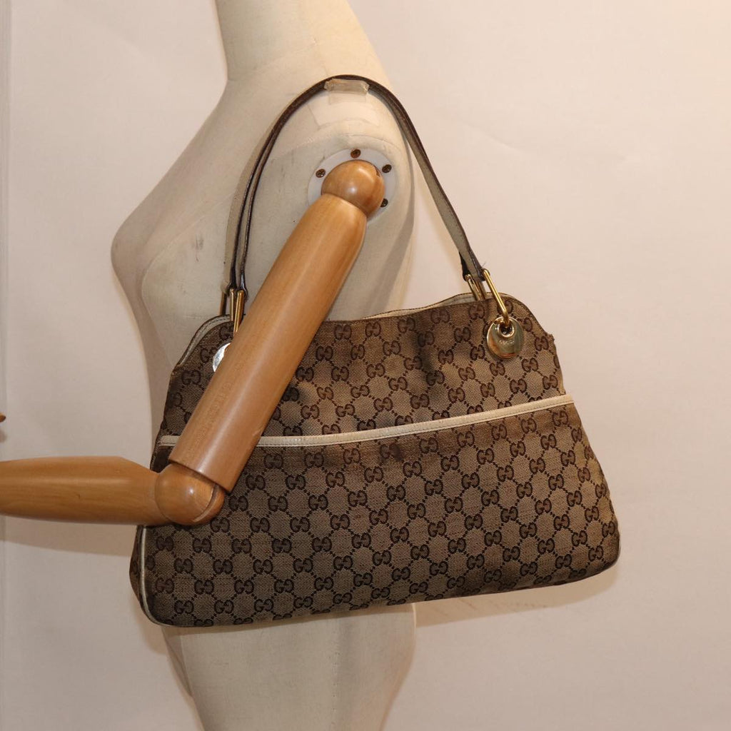 GUCCI GG Canvas Shoulder Bag Beige White gold 121023 87783