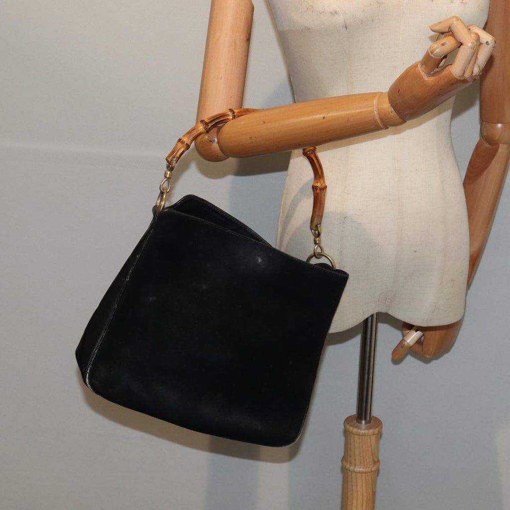 GUCCI Bamboo Hand Bag Suede Black Gold 001 1705 1638 87785