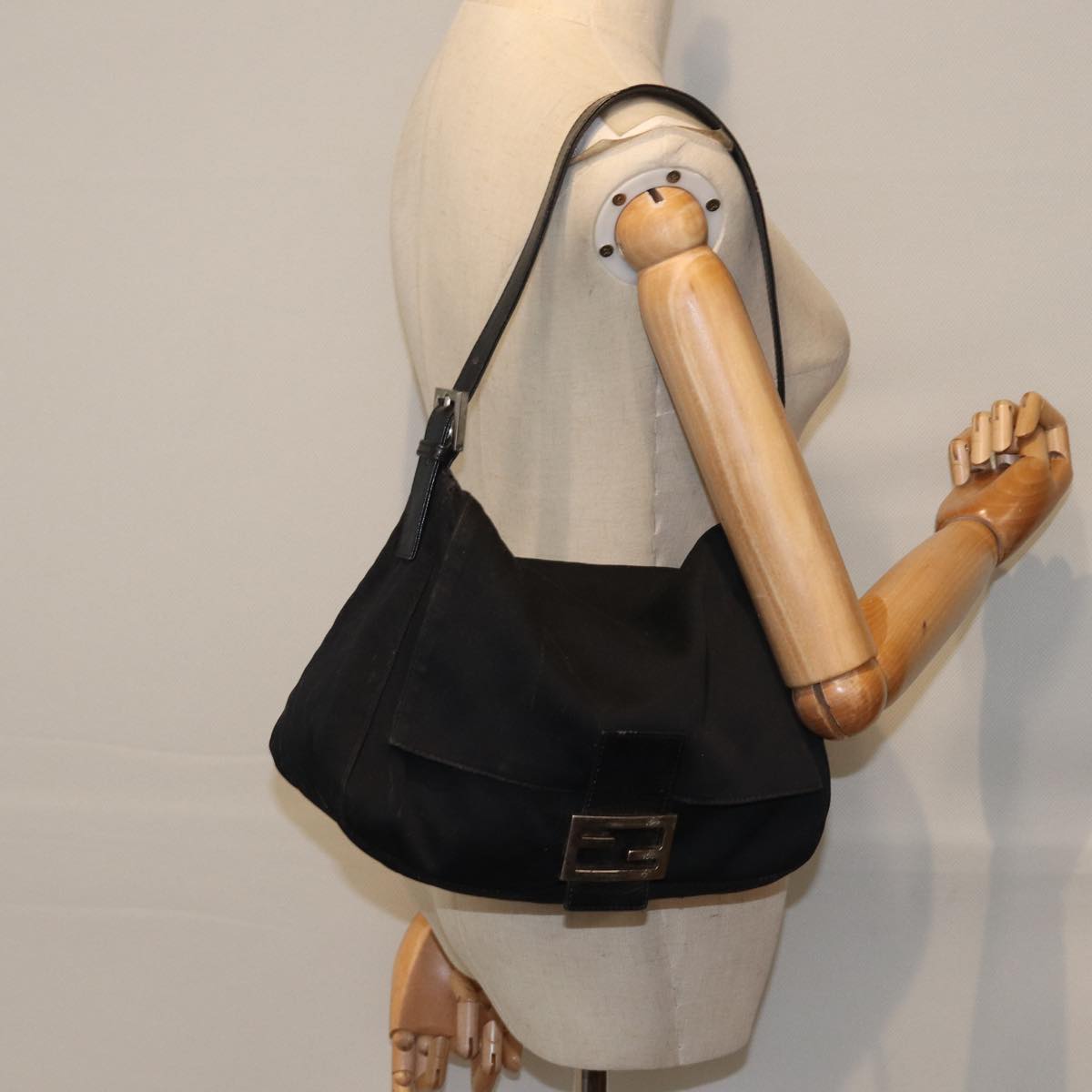 FENDI Mamma Baguette Shoulder Bag Nylon Black Silver 87809