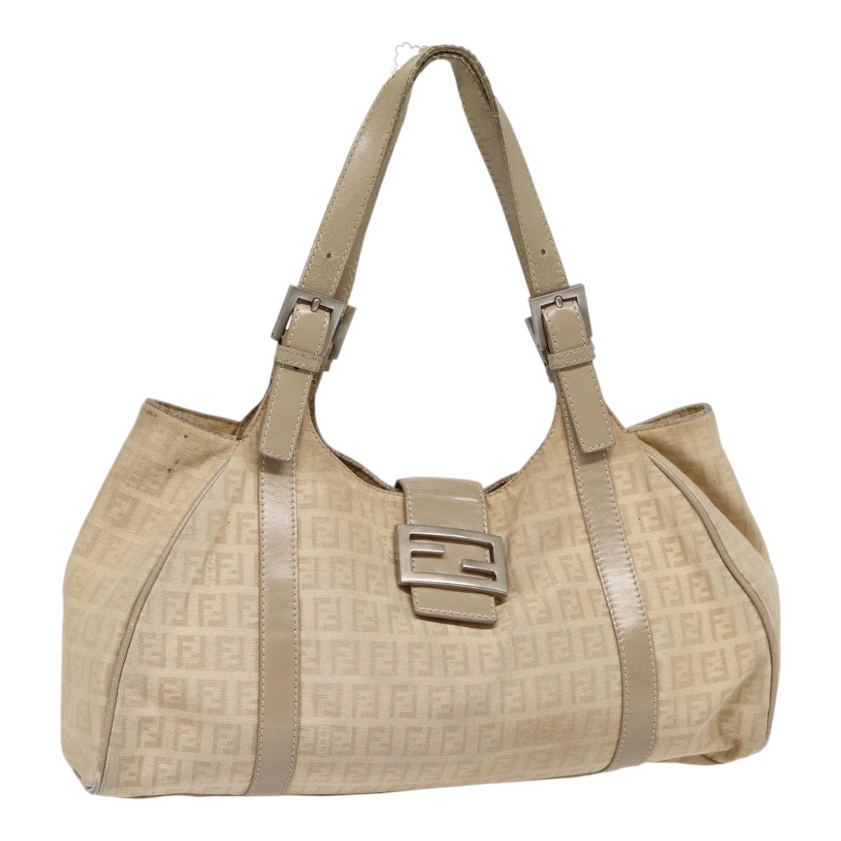 FENDI Zucchino Canvas Shoulder Bag Silver Beige 87811