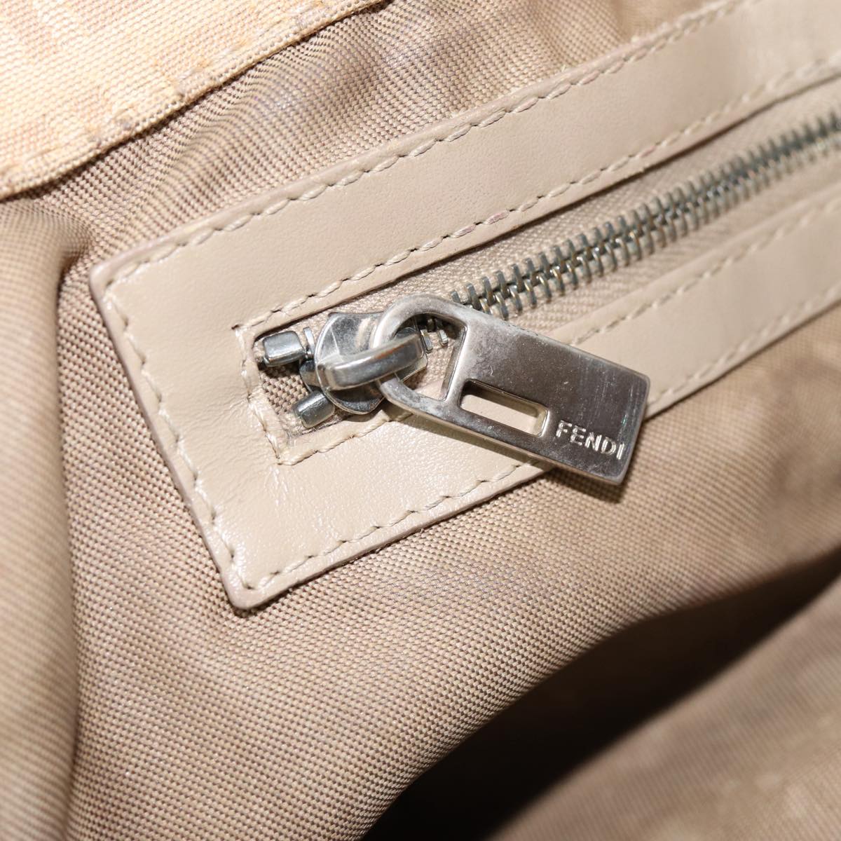 FENDI Zucchino Canvas Shoulder Bag Silver Beige 87811