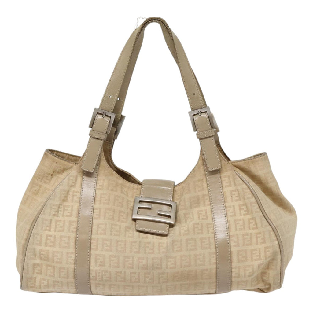 FENDI Zucchino Canvas Shoulder Bag Silver Beige 87811