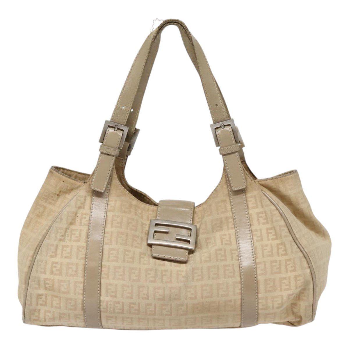 FENDI Zucchino Canvas Shoulder Bag Silver Beige 87811
