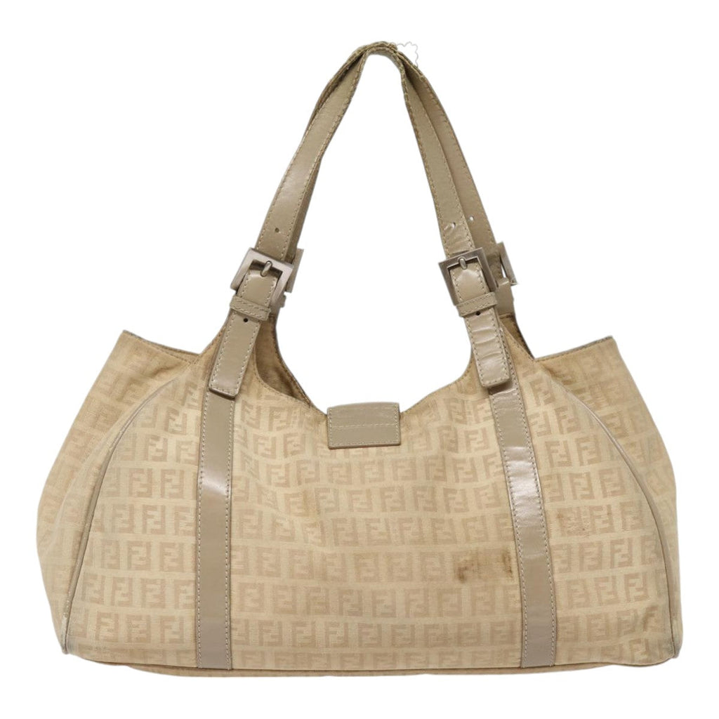 FENDI Zucchino Canvas Shoulder Bag Silver Beige 87811