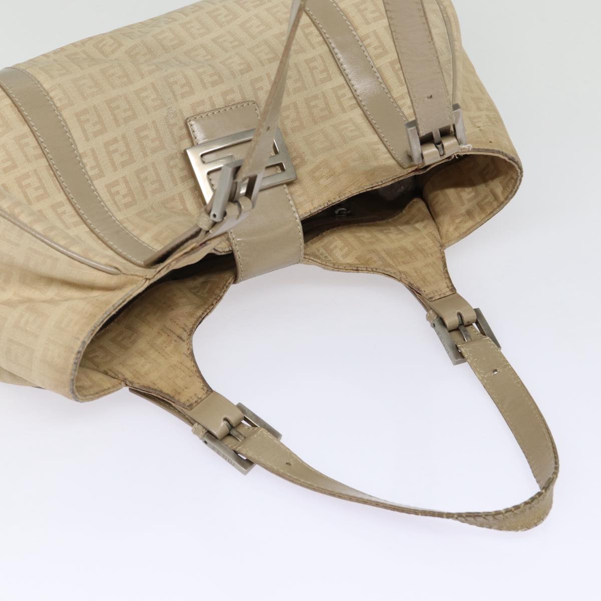 FENDI Zucchino Canvas Shoulder Bag Silver Beige 87811