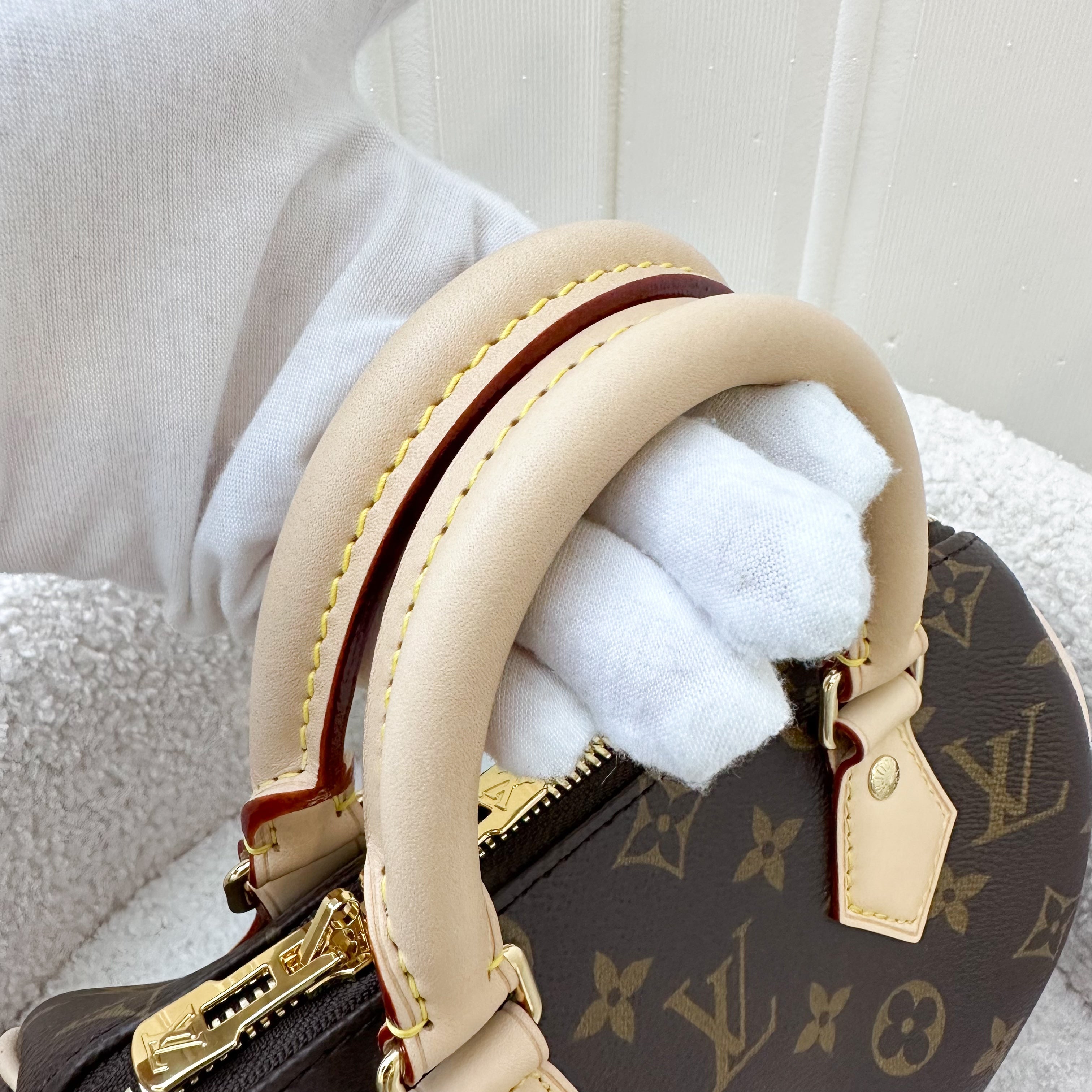 LV Speedy Bandouliere 20 in Monogram Canvas and Beige Patterned Strap
