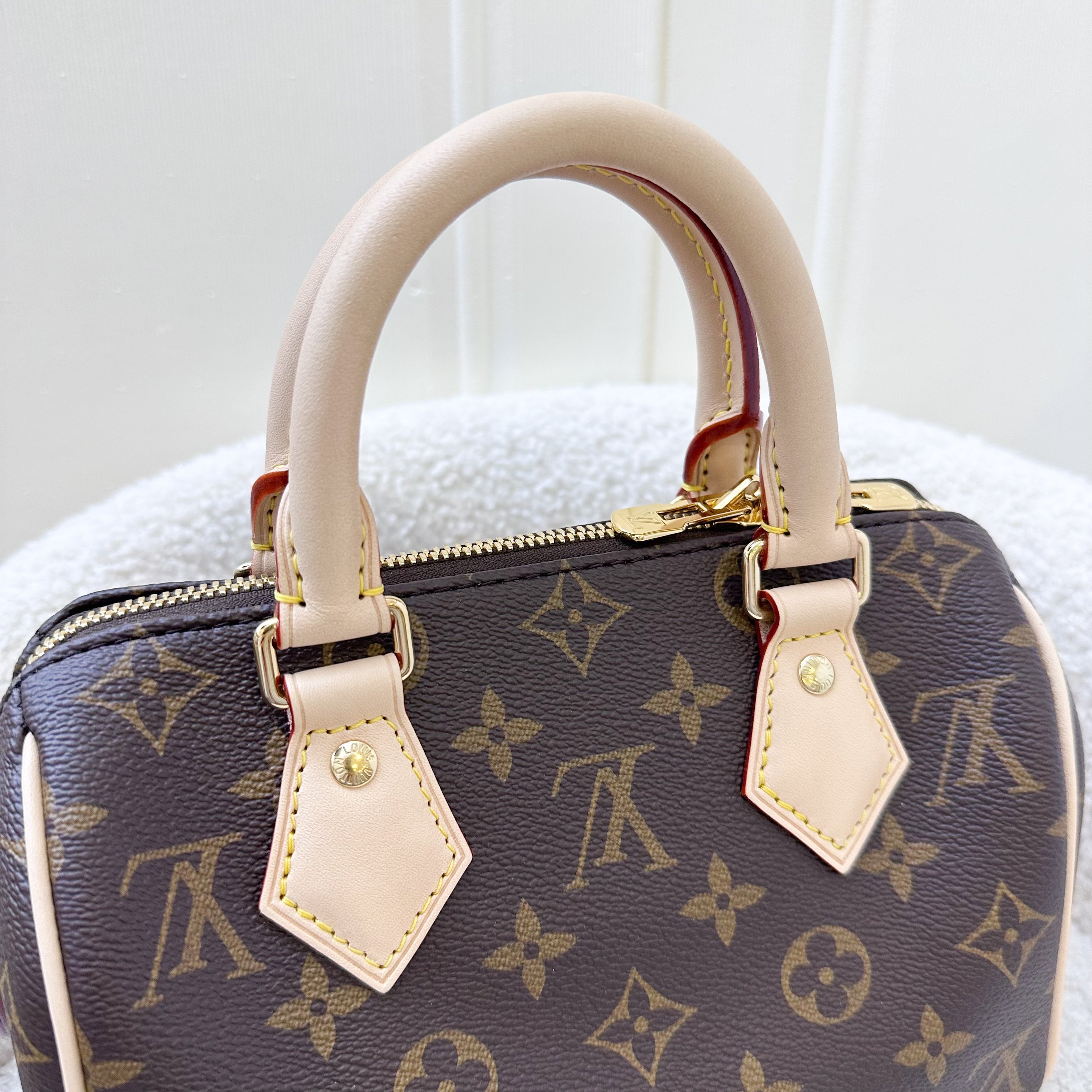 LV Speedy Bandouliere 20 in Monogram Canvas and Beige Patterned Strap