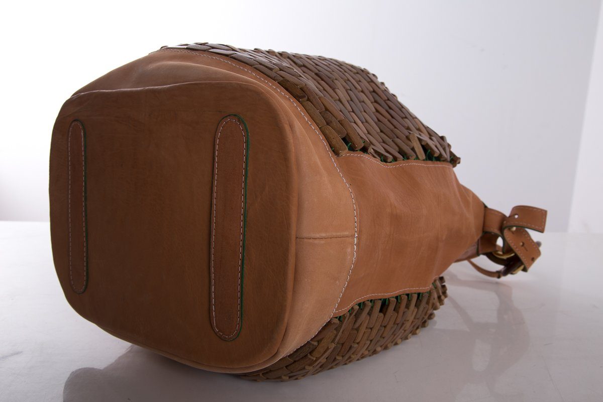 The Nomadic Collector Tan/Brown/Green Wooden Beaded Bucket Bag