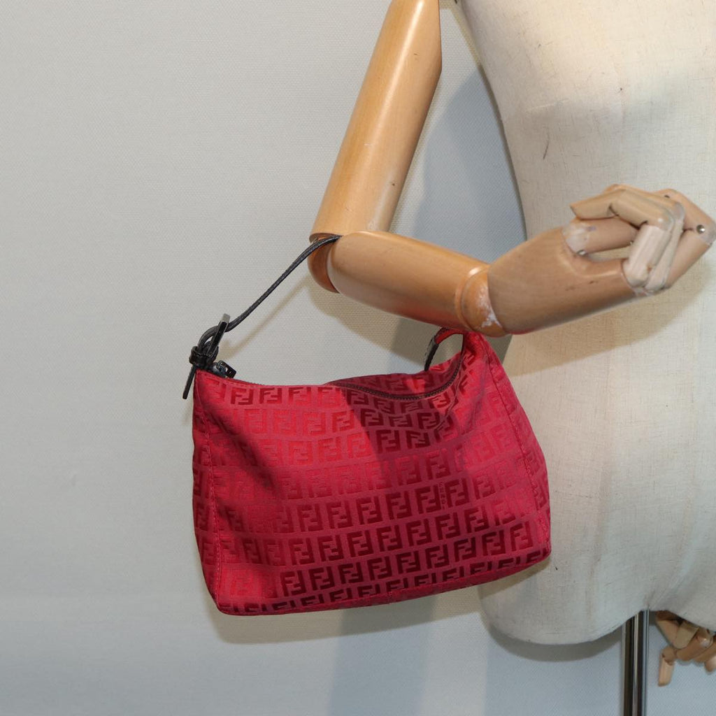 FENDI Zucchino Canvas Hand Bag Red Silver 88077