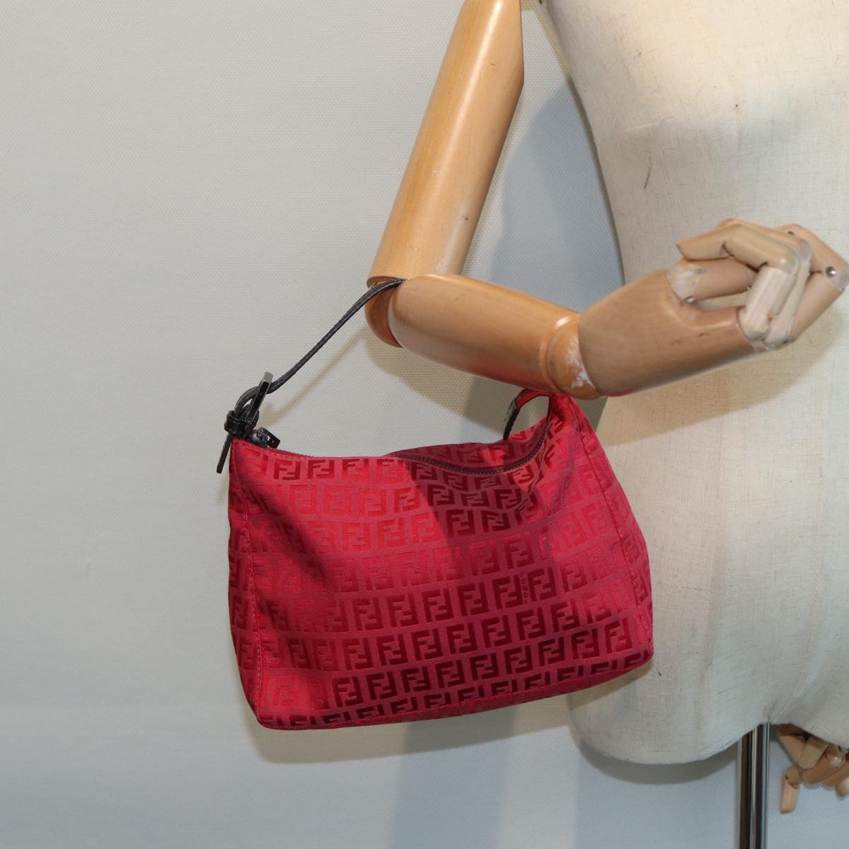 FENDI Zucchino Canvas Hand Bag Red Silver 88077