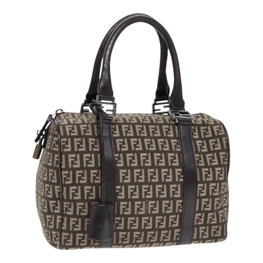 FENDI Zucchino Canvas Hand Bag Brown Silver 88078