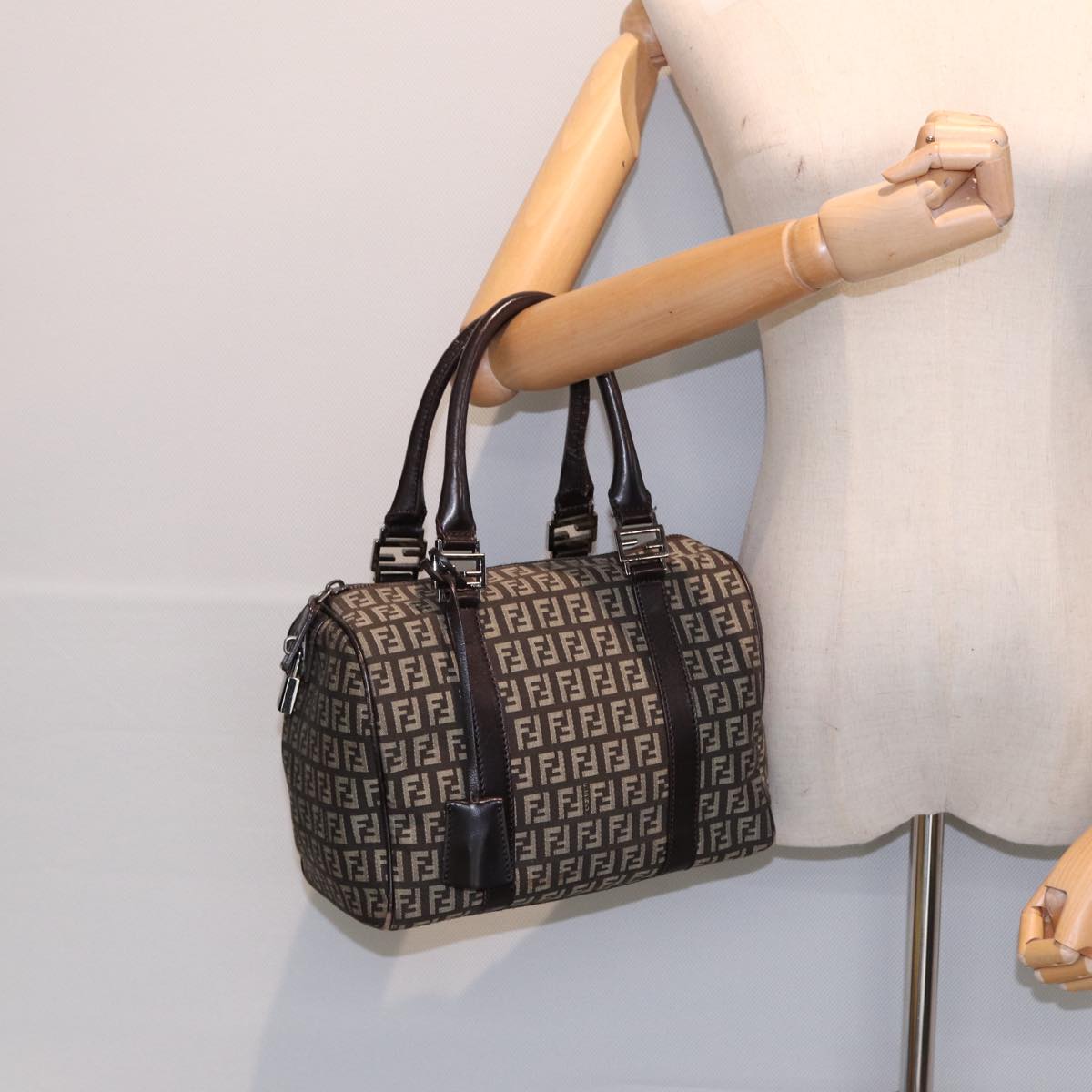FENDI Zucchino Canvas Hand Bag Brown Silver 88078