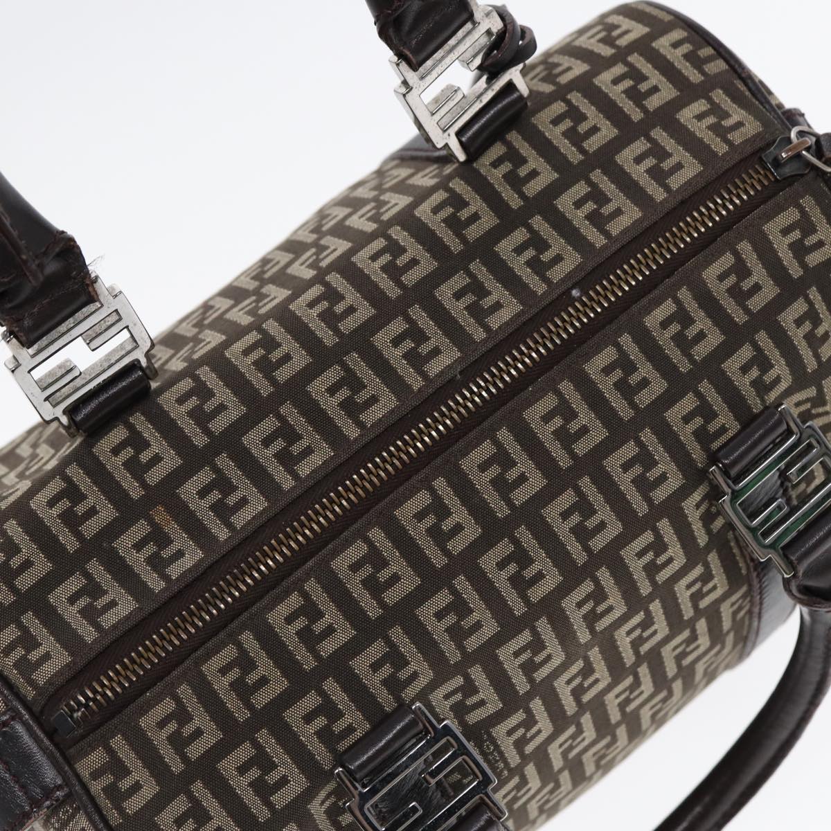 FENDI Zucchino Canvas Hand Bag Brown Silver 88078