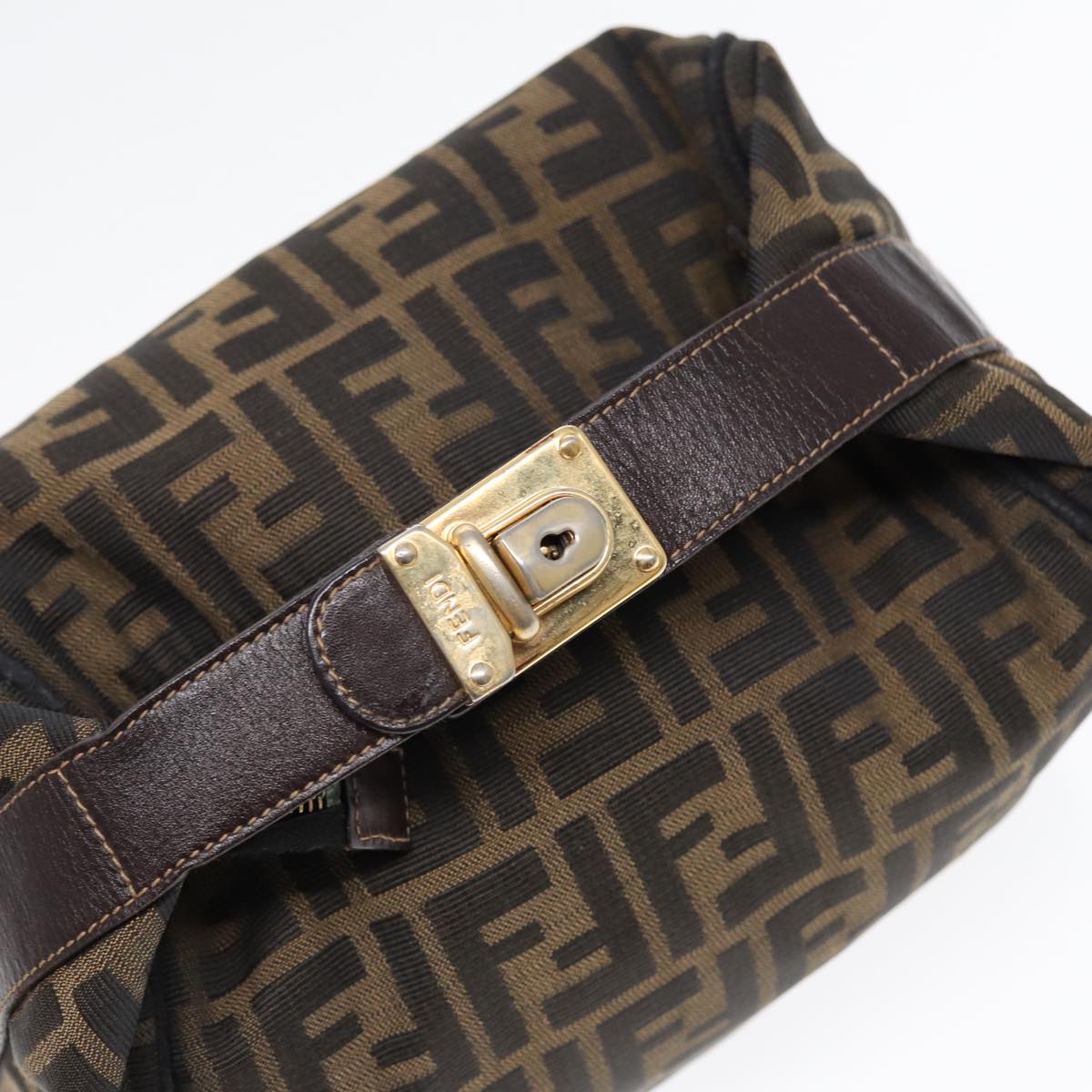 FENDI Zucca Canvas Hand Bag Brown Black gold 88082